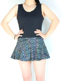Reflective Rainbow Zebra Skirt on model front view | Ravers Co