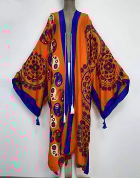 Paisley Print Rave Kaftan in vibrant purple and orange rayon fabric | Ravers Co