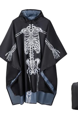 Skeleton Rain Poncho worn by a raver at a festival - front view | Ravers Co