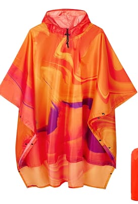 Lava Rain Poncho with a vibrant, trippy orange and yellow pattern | Ravers Co