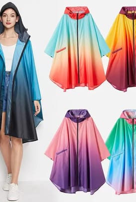 Five different Festival Rain Ponchos with one model