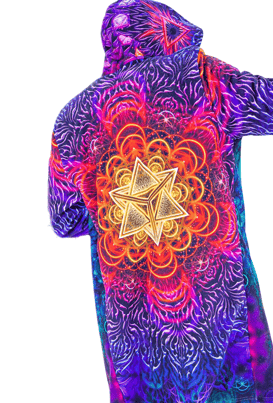 Sacred Merkabah Cloak - back view showing psychedelic geometry print and large hood | Ravers Co