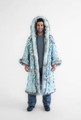 LED Fur Sequin Cloak — Dim Lighting and Normal Lighting front view