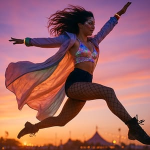 A woman leaps excitedly across the festival paddock