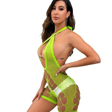 Sexy Hollow Out Bodysuit in Neon Yellow - front view | Ravers Co