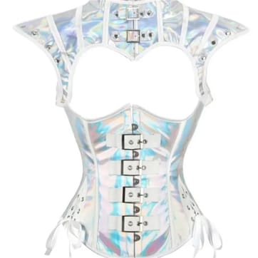 Silver Rave Corset Set - close-up of the shimmering man-made leather and metal buckles | Ravers Co