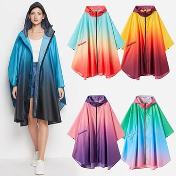 Five different Festival Rain Ponchos with one model
