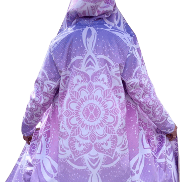 Lotus Blossom Mandala Cloak with hood up showing back print | Ravers Co