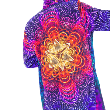 Sacred Merkabah Cloak - back view showing psychedelic geometry print and large hood | Ravers Co