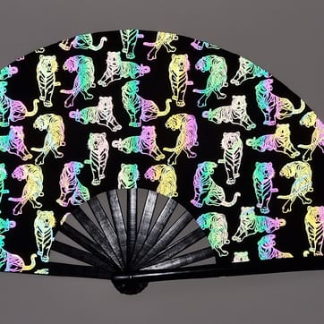 Aurora Tigers Hand Fan with iridescent fabric glowing under flash | Ravers Co