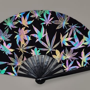 Leafy Breeze Hand Fan - glowing iridescent leaf print under flashing festival lights | Ravers Co