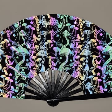 Iridescent Mushroom Hand Fan held open showing trippy pattern | Ravers Co
