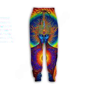 Psychedelic God Rave Pants - full length view on a raver | Ravers Co