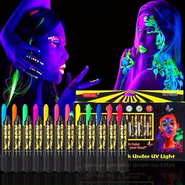 A pisture of a set of uv neon make-up pens and two models with face painted