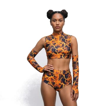 Molten Shock Rave Set - model showing side profile of the high-waist bottoms and top | Ravers Co