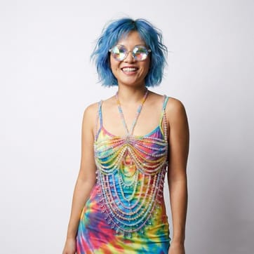 A photo of Sue wearing the Rainbow coloured Candy Bead Jewell Top