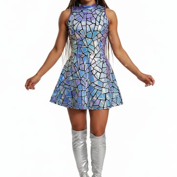 Blue Laser Mirror Dress — Normal Lighting front view