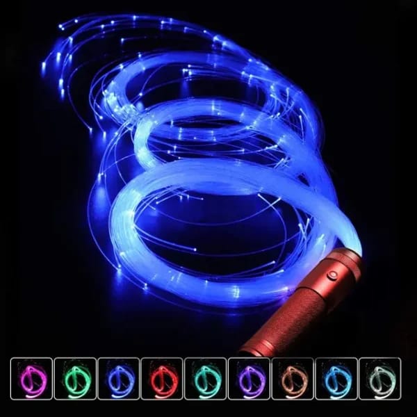 Pink handle fibre optic whip with different light colours displayed along footer.