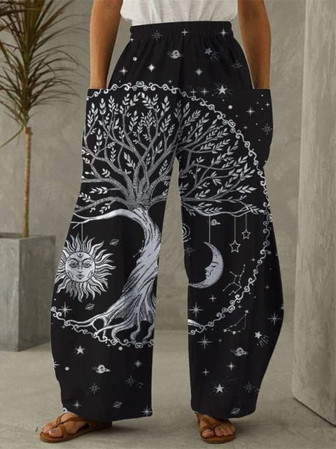 Tree of Life Wide Leg Pants - full length view with 3D print | Ravers Co