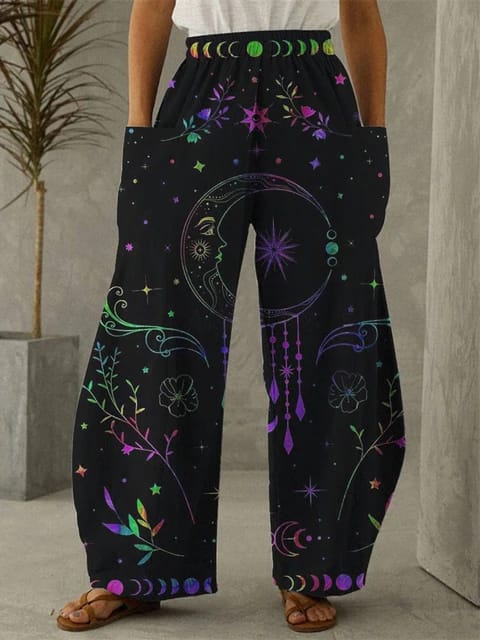 Galaxy Moon Wide Leg Pants with a vibrant cosmic 3D print | Ravers Co