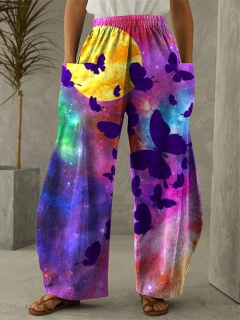 Butterfly Wide Leg Pants with vibrant 3D print design | Ravers Co