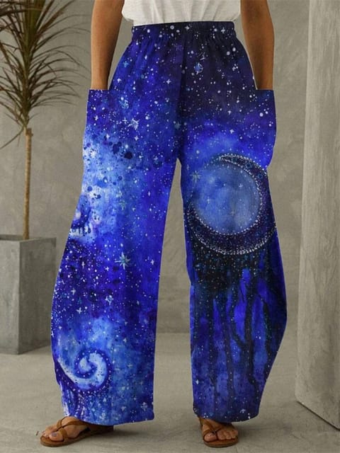 Blue Moon Wide Leg Pants with 3D celestial print shown on model | Ravers Co