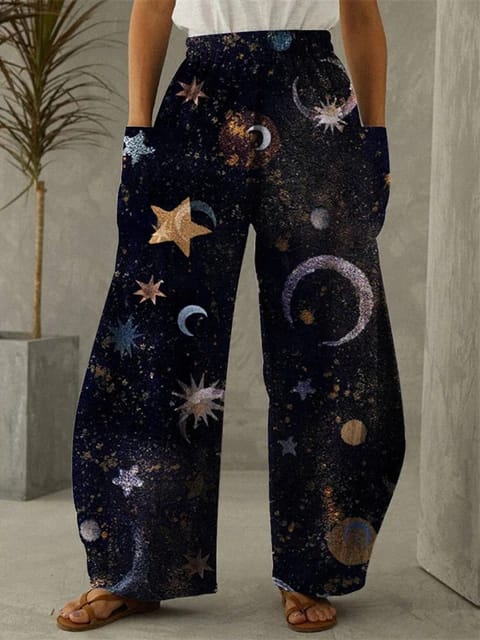 Galaxy Wide Leg Pants with cosmic star print - front view | Ravers Co