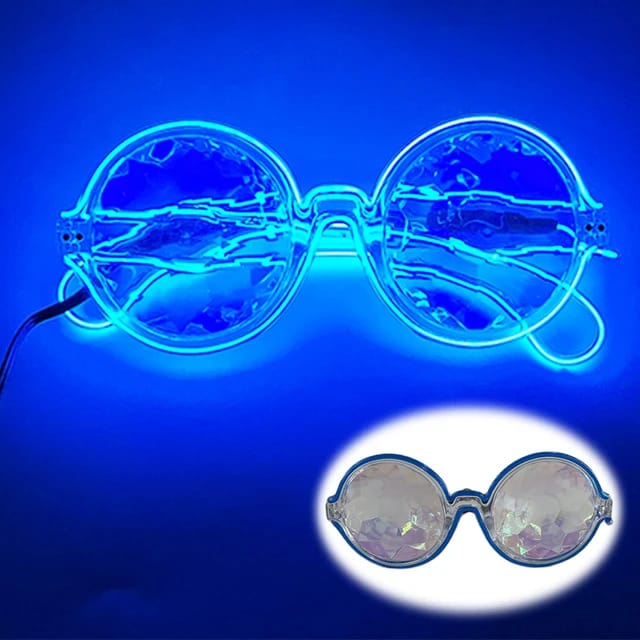 Trippy LED Kaleidoscope Glasses with green light frame on | Ravers Co