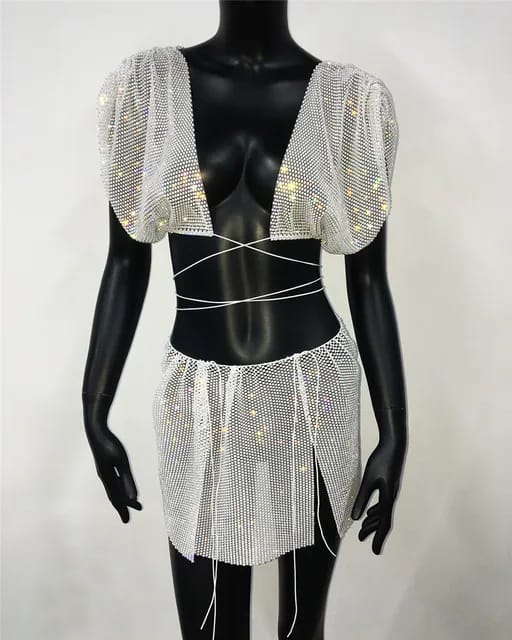 White Rhinestone Rave Set on model at a festival | Ravers Co