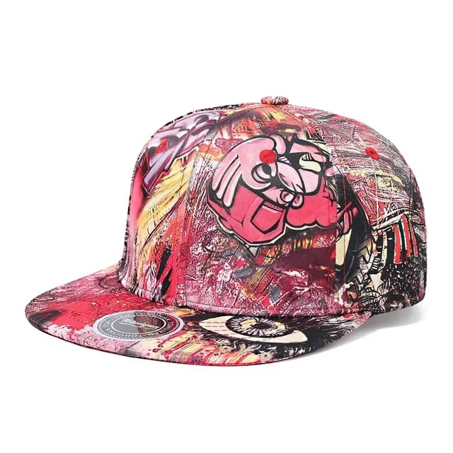 Street Art Baseball Cap with red and pink graffiti print - front view | Ravers Co