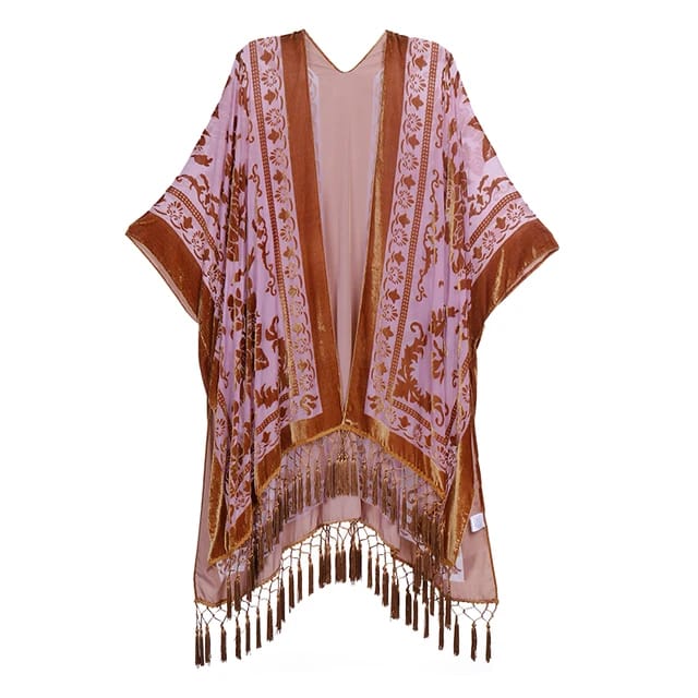 Bohemian Tassel Kimono in Gold Floral Velvet - Back View | Ravers Co