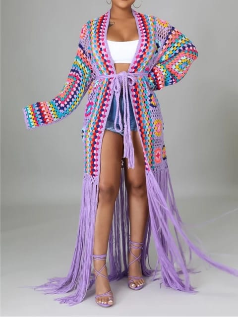 Violet Trippy Crochet Tassel Cardigan - front studio view | Ravers Co