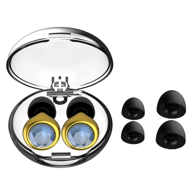 Gold Crystal Silicone Loop Earplugs on a white background | Ravers Co