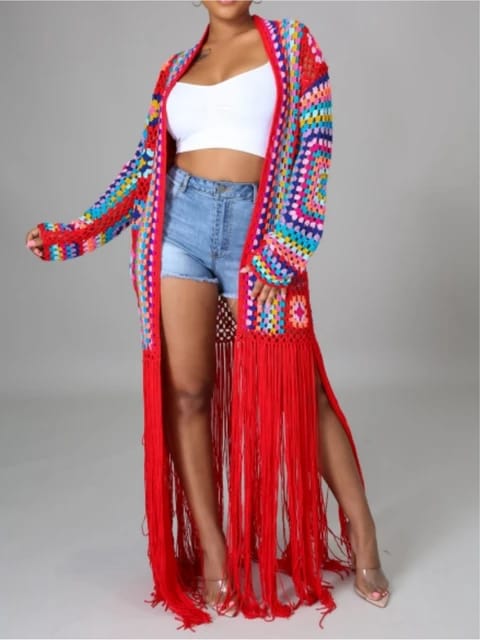 Violet Trippy Crochet Tassel Cardigan - side view showing tassel detail | Ravers Co