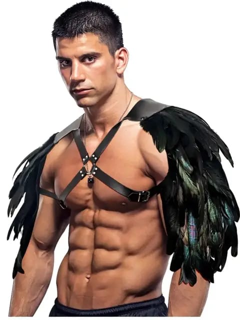 Man wearing the PU Leather Freedom Harness at a festival, side profile | Ravers Co