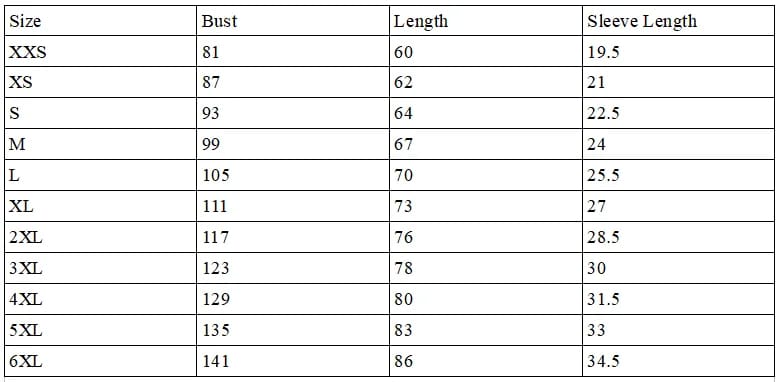 Psy Art Sun T-Shirt 5 Size Chart for Psy Art T-Shirt
