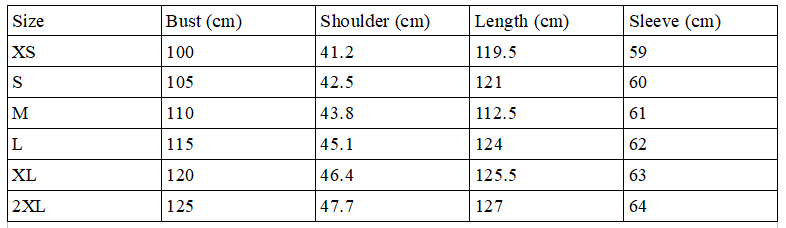 Size chart for female LED fur sequin coat