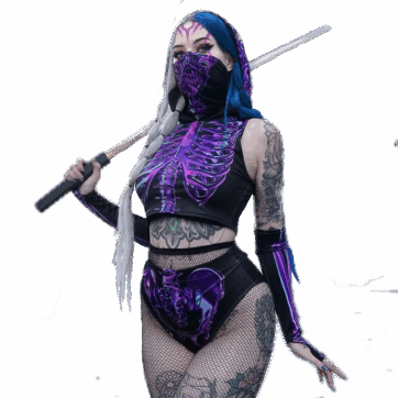 A photo of a model wearing the purple bones rave set holding a samurai sword.