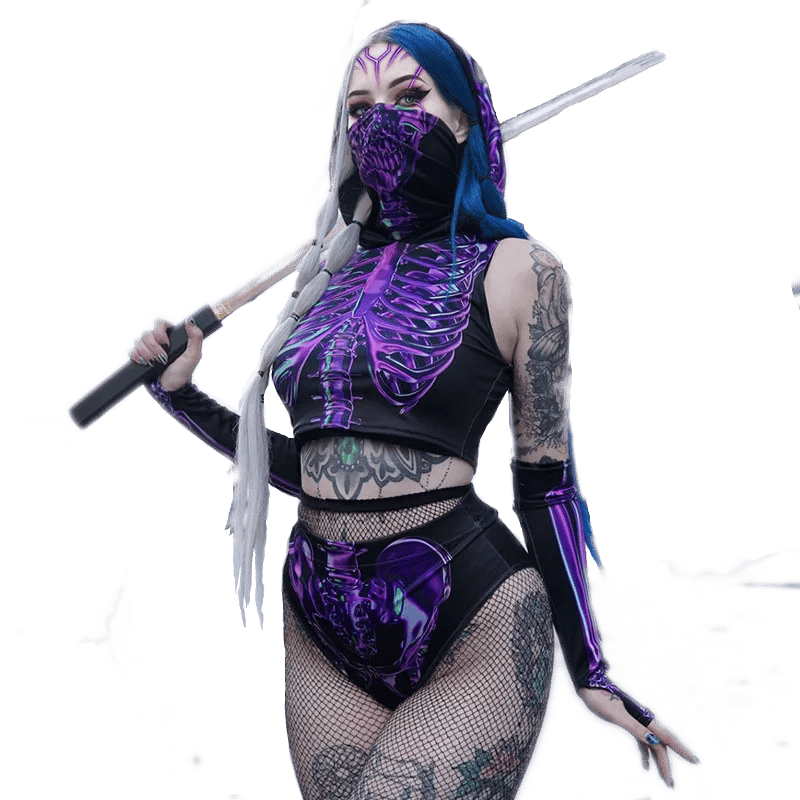 A photo of a model wearing the purple bones rave set holding a samurai sword.