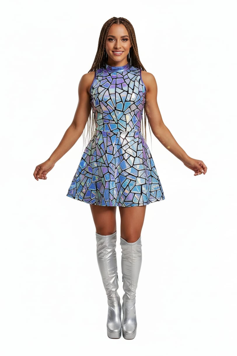 Blue Laser Mirror Dress — Normal Lighting front view