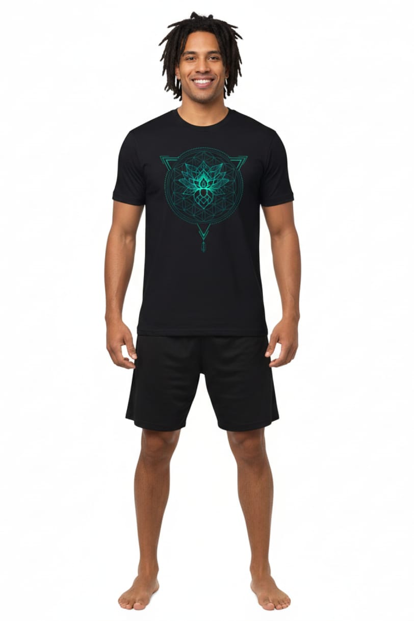 Lotus of Life T-Shirt - Black front view on model | Ravers Co