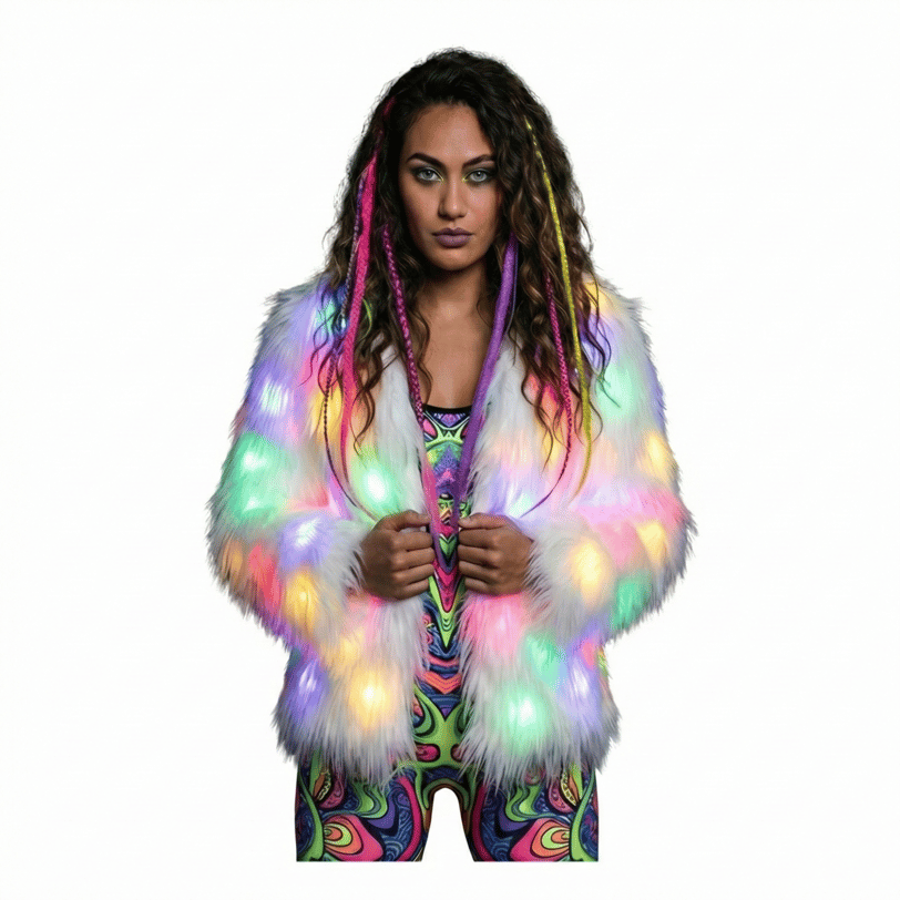 A photo of a model wearing the led faux fur coat with a white BG
