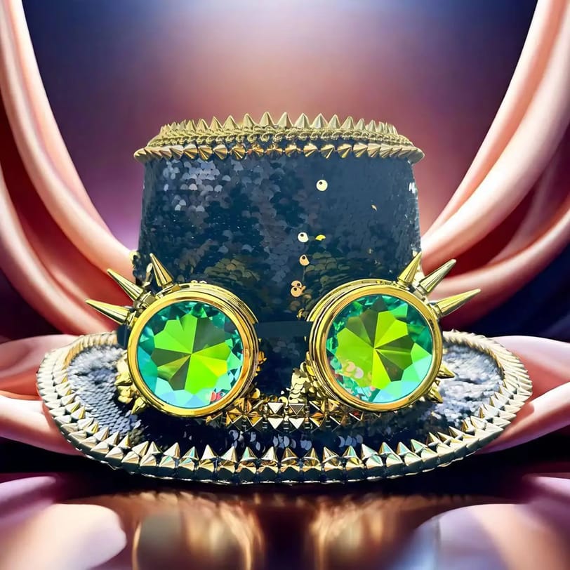Shop @ Ravers Co 2 Steampunk Spike Top Hat with Silver Kaleidoscope Goggles - Front View | Ravers Co