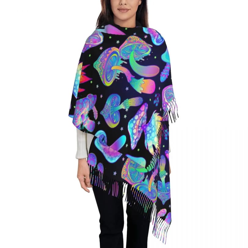 Shop @ Ravers Co 5 Mushroom Print Pashmina Shawl laid flat showing the full colourful pattern | Ravers Co