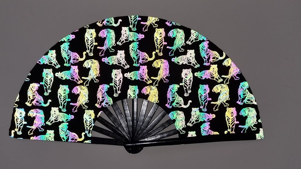 Aurora Tigers Hand Fan - iridescent fabric glowing under flash | Ravers Co