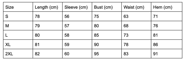 Eyelien Rav Dress Size Chart