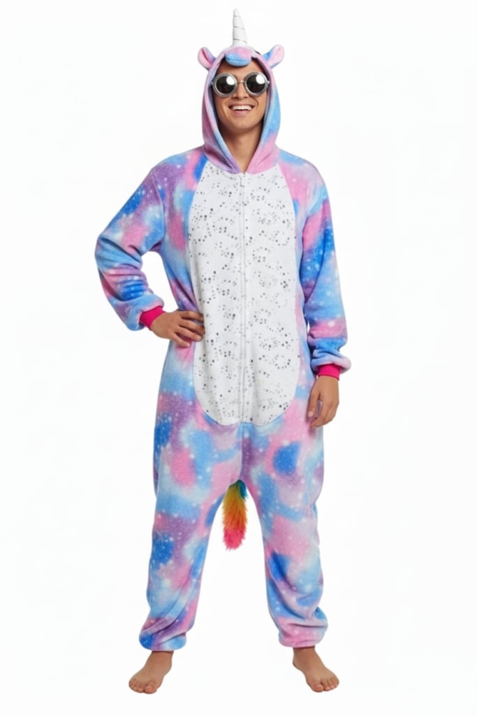 Colourful Clouds Unicorn Onesie - front view on model | Ravers Co