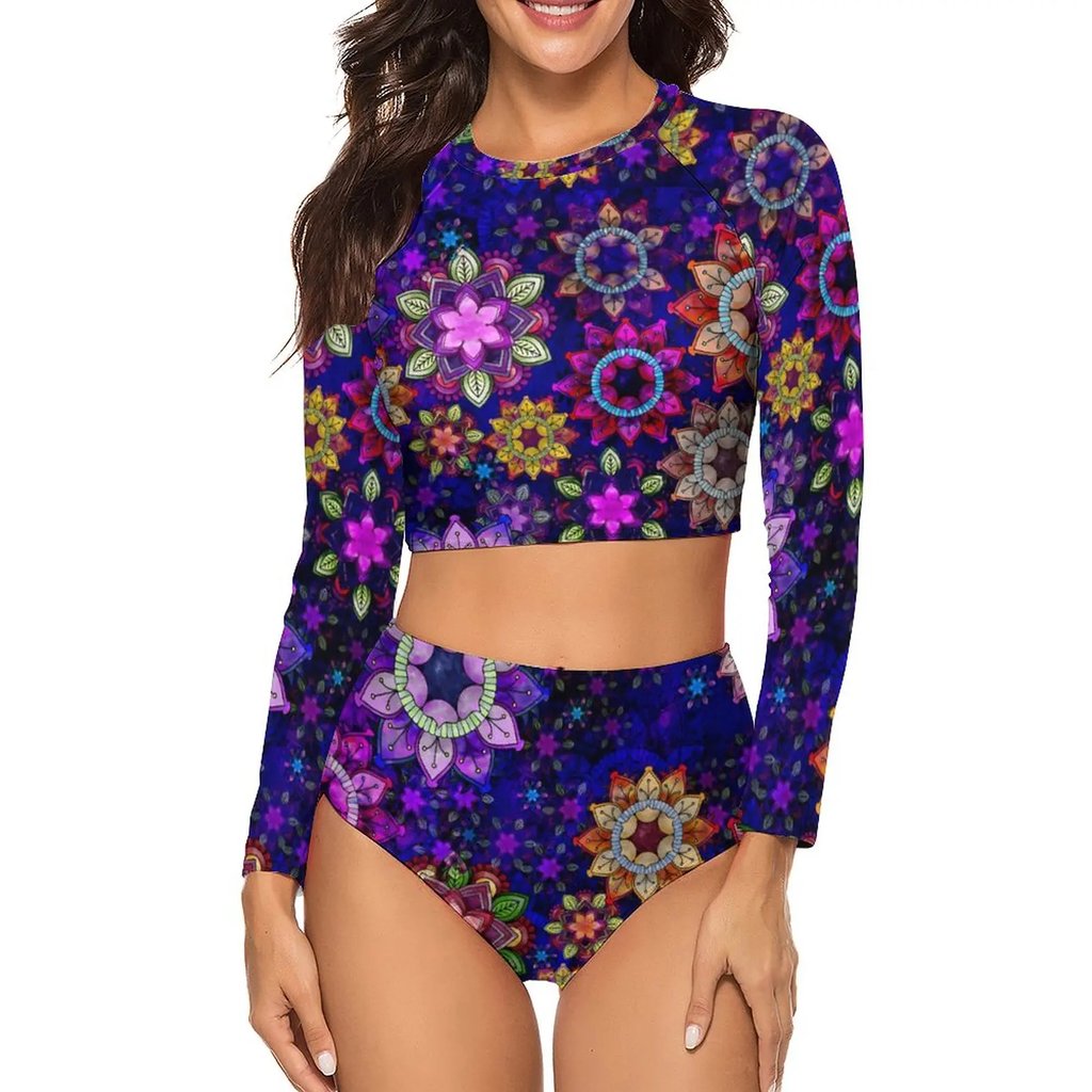 Lotus Mandala Bikini Set - model wearing long sleeve crop top and high-waist briefs | Ravers Co