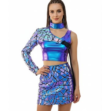 Blue Laser Rave Set - front view on model showing iridescent fabric | Ravers Co