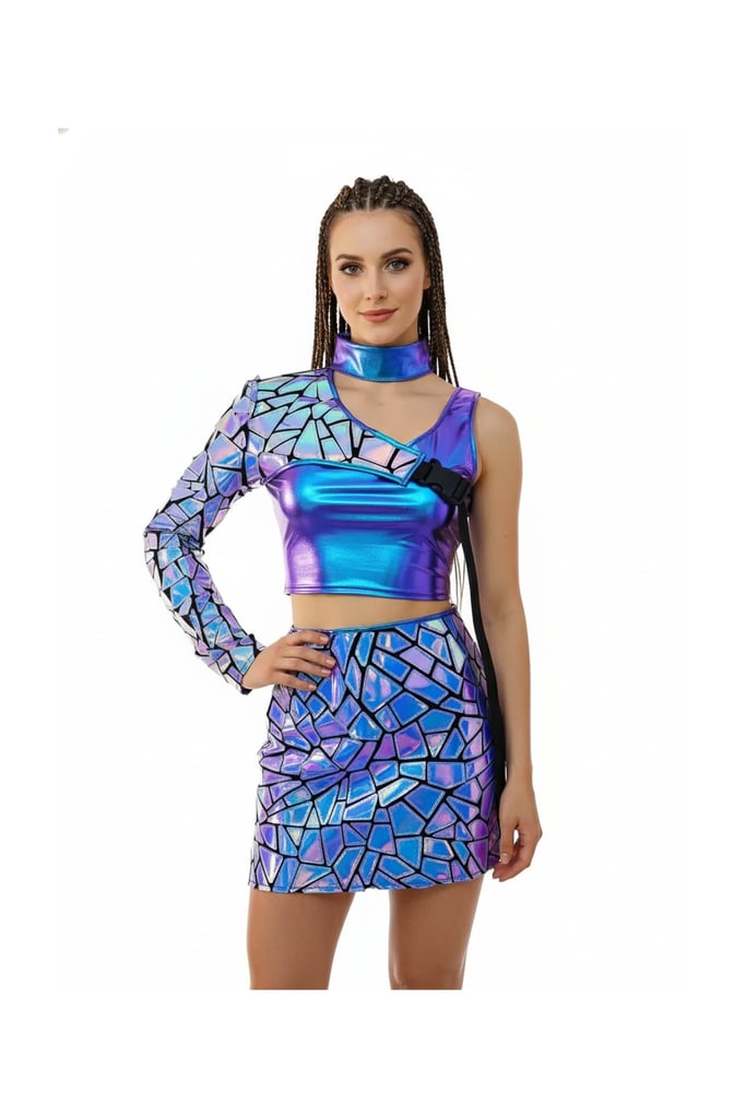 Blue Laser Rave Set - front view on model showing iridescent fabric | Ravers Co